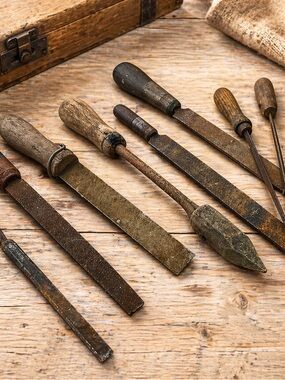 Antique Rustic Wood Handle Files & Chisels Tool Mixed Lot 1900s USA -Collectible
